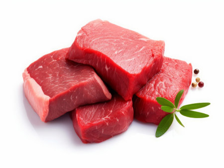 Raw beef meat with herbs and spices isolated on white background cutoutの素材