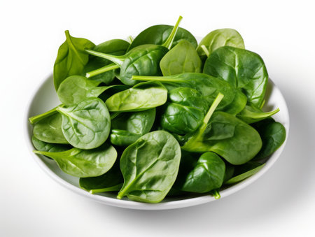 Spinach leaves in a bowl on a white background, top viewの素材