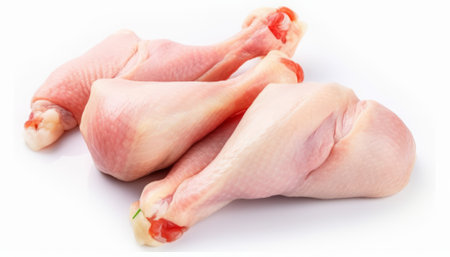 Raw chicken legs isolated on white background. Top view. Flat lay.の素材