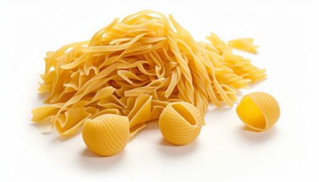 Uncooked pasta on white background, close-up, selective focusの素材