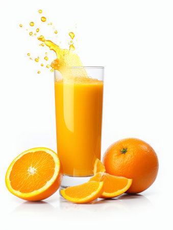 Glass of orange juice with splash and fresh fruits on white background.の素材