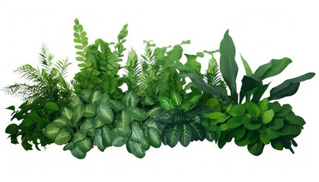 3D rendering of a set of different green plants isolated on white backgroundの素材
