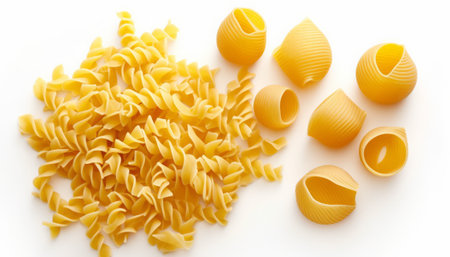 Uncooked pasta on white background, top view. Dry pasta.の素材