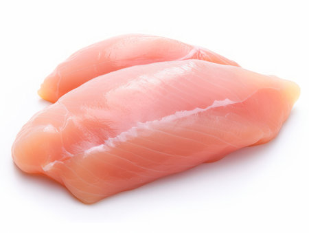 Raw chicken fillet isolated on white background cutout. Healthy eating concept.の素材