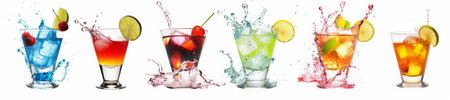 Set of drinks with splashes isolated on white background. Banner designの素材