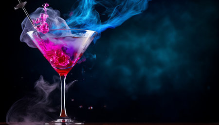 Cocktail in a martini glass with pink and blue smokeの素材