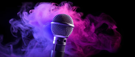 Microphone with pink and blue smoke on a black isolated background.の素材