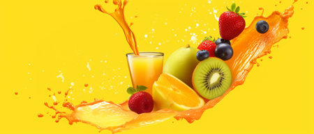 Fruit juice splash isolated on a yellow background. 3d illustrationの素材