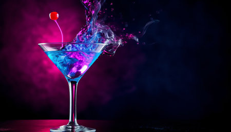 Blue cocktail in martini glass with cherry and smoke on dark backgroundの素材