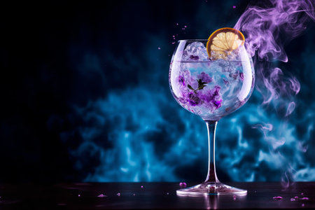 Cocktail with ice, lemon and purple flowers on a black backgroundの素材