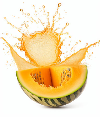 Cantaloupe melon with water splash isolated on white background cutoutの素材