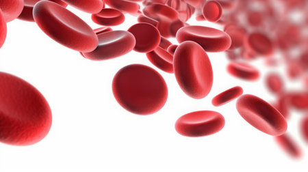 Red blood cells flowing on white background. 3d render illustration.の素材