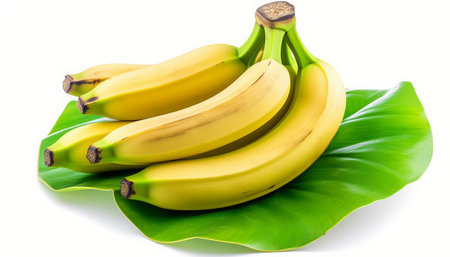 Bunch of bananas on a green leaf isolated on white background.の素材