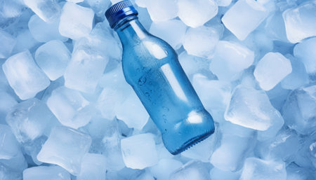 Bottle of water with ice cubes on ice background. Blue tonedの素材