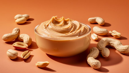 Peanut butter in a glass bowl on a brown background with peanutsの素材