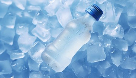 bottle of mineral water on ice cubes close-up macro shotの素材