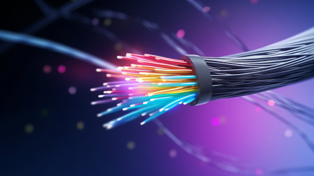 Fiber Optic cable with colorful lights. 3d illustration.の素材