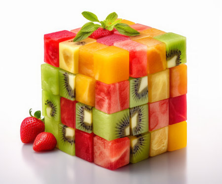 Fruit cube isolated on a white background. Fresh fruit cubes.の素材