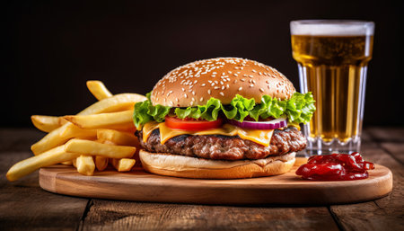 Cheese burger - American cheese burger with Golden French fries and a glass of beerの素材
