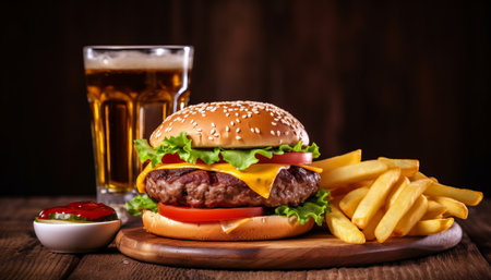 Cheese burger - American cheese burger with Golden French fries and a glass of beerの素材
