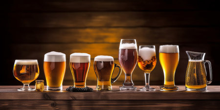 Many different types of beer in glasses on a wooden table. Beer backgroundの素材