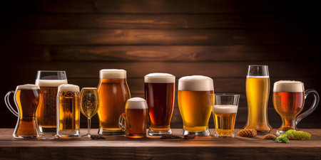 different types of beer in glasses on wooden background with copy space.の素材