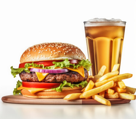 Cheese burger - American cheese burger with fresh salad and french friesの素材