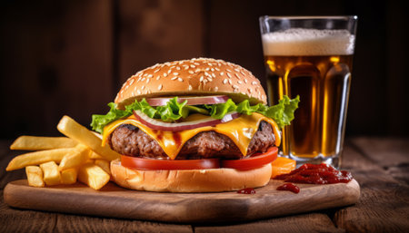 Cheese burger - American cheese burger with Golden French fries and a glass of beerの素材