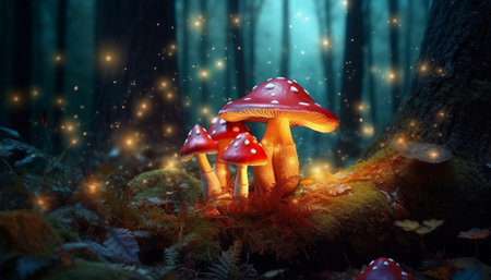 Fantasy mushroom in the forest at night. 3d illustration.の素材