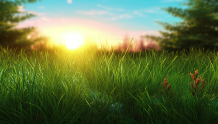 Sunset in the meadow with grass and flowers. 3d renderの素材