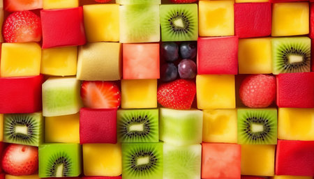 Slices of fresh fruit as a background, top view.の素材