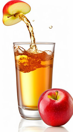 Fresh apple juice in a glass with red apples on white background.の素材