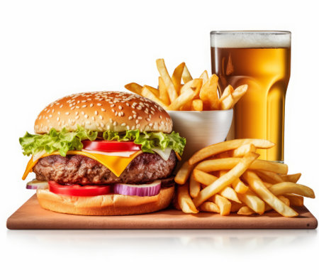 Cheese burger - American cheese burger with Golden French fries and a glass of beerの素材
