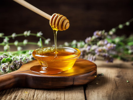 Honey dripping from a wooden honey dipper into a bowl on a wooden backgroundの素材