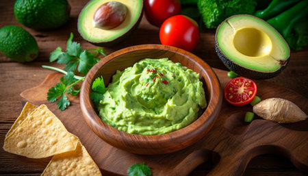 Fresh guacamole with avocado and tortilla chips on wooden backgroundの素材