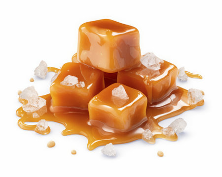 Caramel candies with caramel sauce and sugar cubes on white backgroundの素材