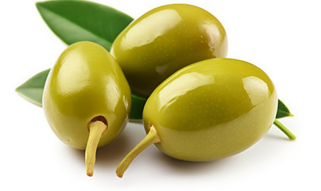 Green olives with leaves isolated on white background. Close up.の素材
