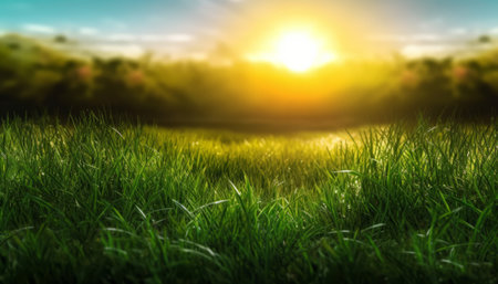 Green grass field with sunlight and bokeh. Nature background.の素材