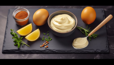 Mayonnaise in a bowl and ingredients on a black background.の素材