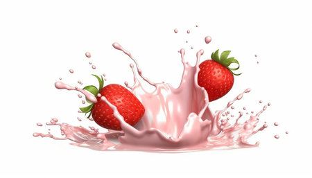 strawberry in milk splash isolated on white background 3d illustrationの素材