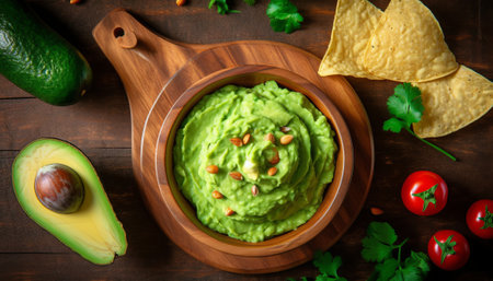 Bowl of guacamole with ingredients on wooden background. Top viewの素材