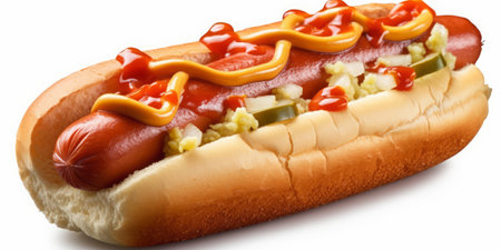 Hot dog with ketchup and mustard on a white background. Isolatedの素材