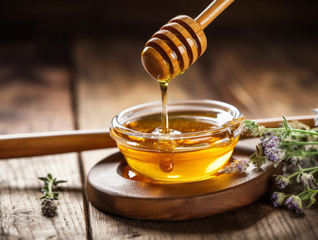 Honey dripping from a wooden honey dipper into a glass bowl on a wooden backgroundの素材