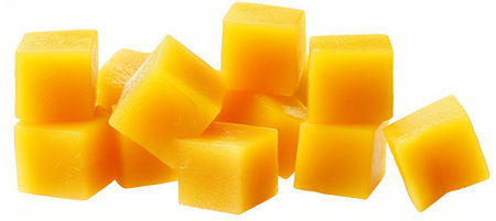 Cubes of cheddar cheese isolated on white background cutout.の素材