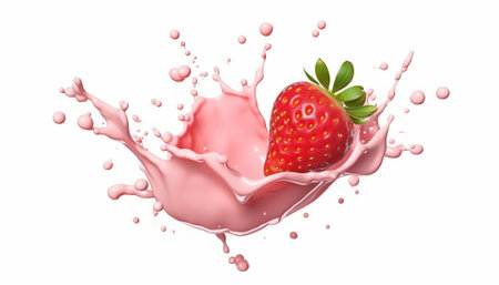 strawberry in milk splash isolated on white background. 3d illustrationの素材