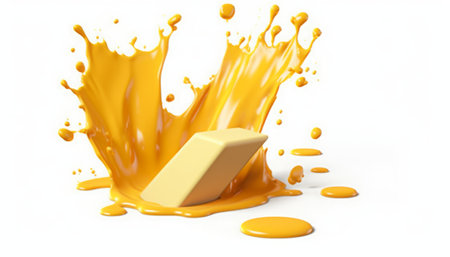 3d illustration of yellow liquid splash with golden eraser on white backgroundの素材