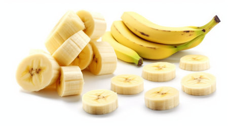 Banana slices isolated on white background. Fresh bananas with slices.の素材