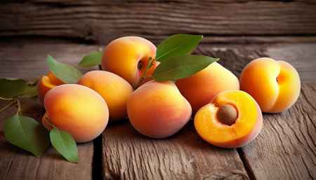 Fresh apricots on a wooden background. Selective focus.の素材