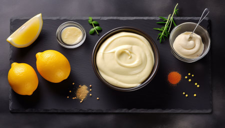 Homemade mayonnaise in a bowl with lemon and herbs, top viewの素材