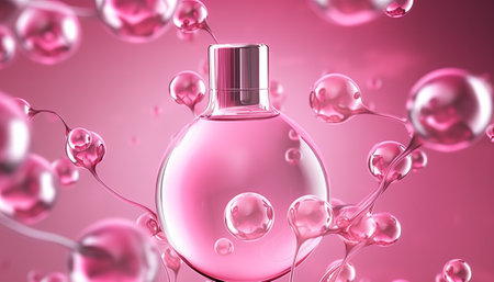 Perfume bottle with bubbles on pink background. 3D renderingの素材